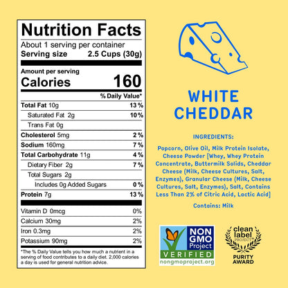 Khloud Protein Popcorn - White Cheddar - 7g Protein Snacks for Adults & Kids - Flavored Popcorn Made with Real Ingredients & Milk Protein Isolate - Non-GMO, Gluten-Free, Kosher - 1oz, 24ct