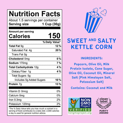 Khloud Protein Popcorn - Sweet & Salty Kettle Corn - 7g Protein Snacks for Adults & Kids - Flavored Popcorn Made with Real Ingredients & Milk Protein Isolate - Non-GMO, Gluten-Free, Kosher - 1oz, 24ct