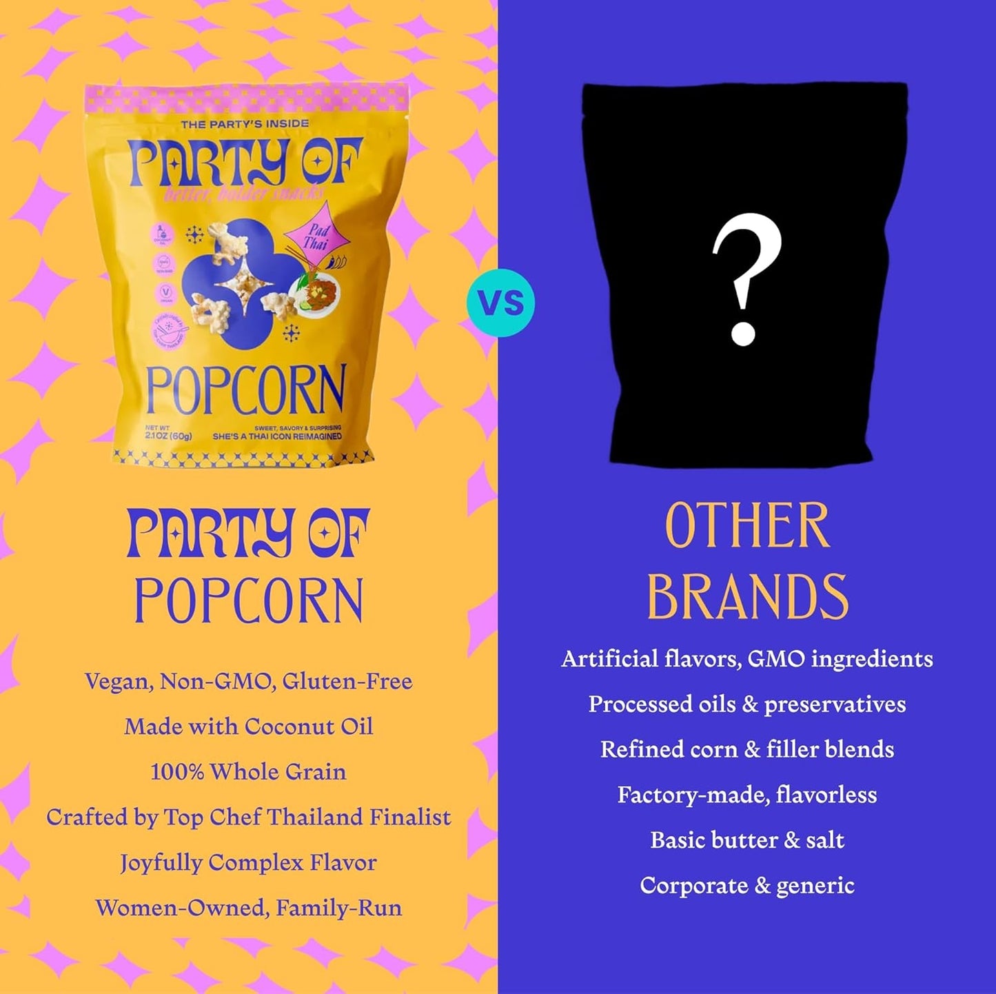Party of Pad Thai Popcorn – Flavored Gluten-Free Snack Made from Veggie Ingredients, Individually Wrapped, Salted Variety Bags for Sharing, Movie Nights, or On-the-Go – Mini Size - 12 Pack