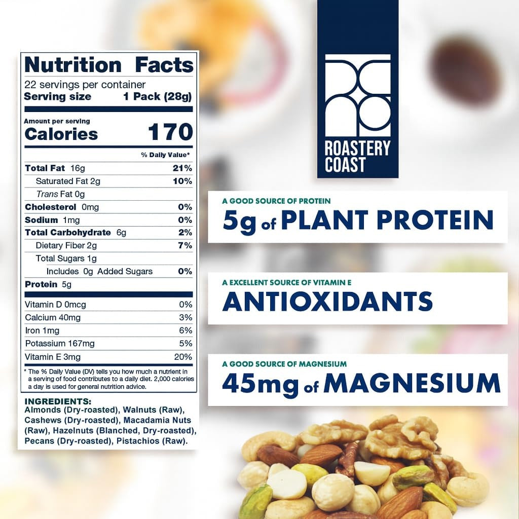 Roastery Coast - Daily Nuts Original Mixed Nuts | Mixed Nuts Packs | Individually wrapped snacks | Unsalted | Nut Snacks | No peanuts | Deluxe assorted snack (22 Packs)