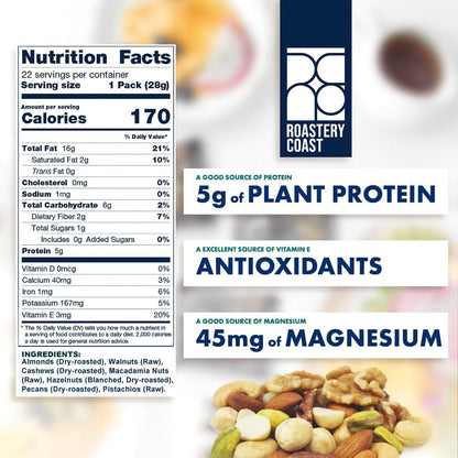 Roastery Coast - Daily Nuts Original Mixed Nuts | Mixed Nuts Packs | Individually wrapped snacks | Unsalted | Nut Snacks | No peanuts | Deluxe assorted snack (22 Packs)