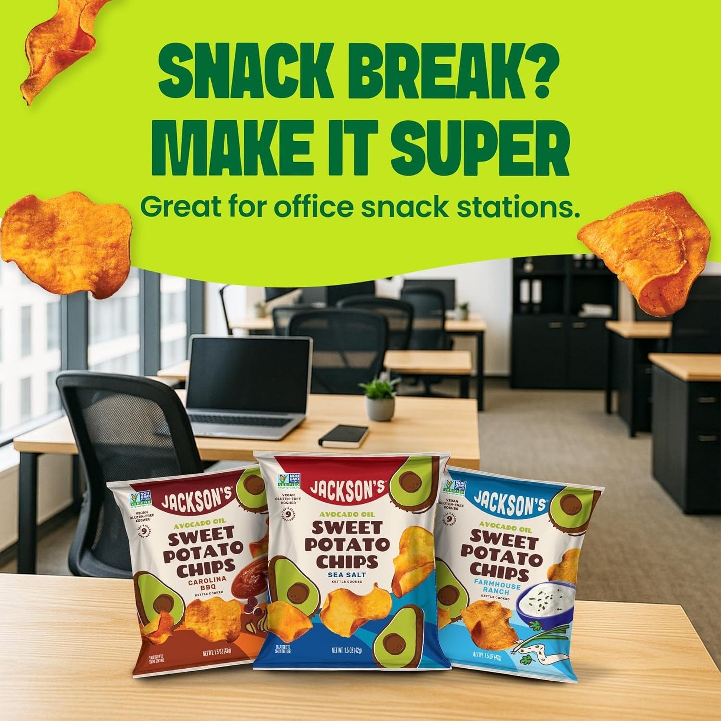 Jackson’s Sweet Potato Kettle Chips Avocado Oil Variety Pack made with Premium Oils (1.5 oz, Pack of 18) Sea Salt, Ranch, and BBQ Flavors - Allergen-friendly, Gluten Free, Vegan