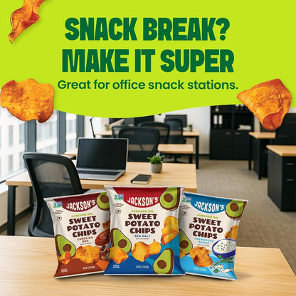 Jackson’s Sweet Potato Kettle Chips Avocado Oil Variety Pack made with Premium Oils (1.5 oz, Pack of 18) Sea Salt, Ranch, and BBQ Flavors - Allergen-friendly, Gluten Free, Vegan