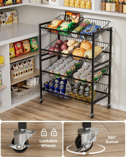Evermagin 25.2''W Kitchen Storage Cart, Rolling Snack Cart, 4 Tier Fruit Basket Vegetable Stand, Metal Pantry Storage Organizer with 8 Removable Baskets for Onion Potato, Black