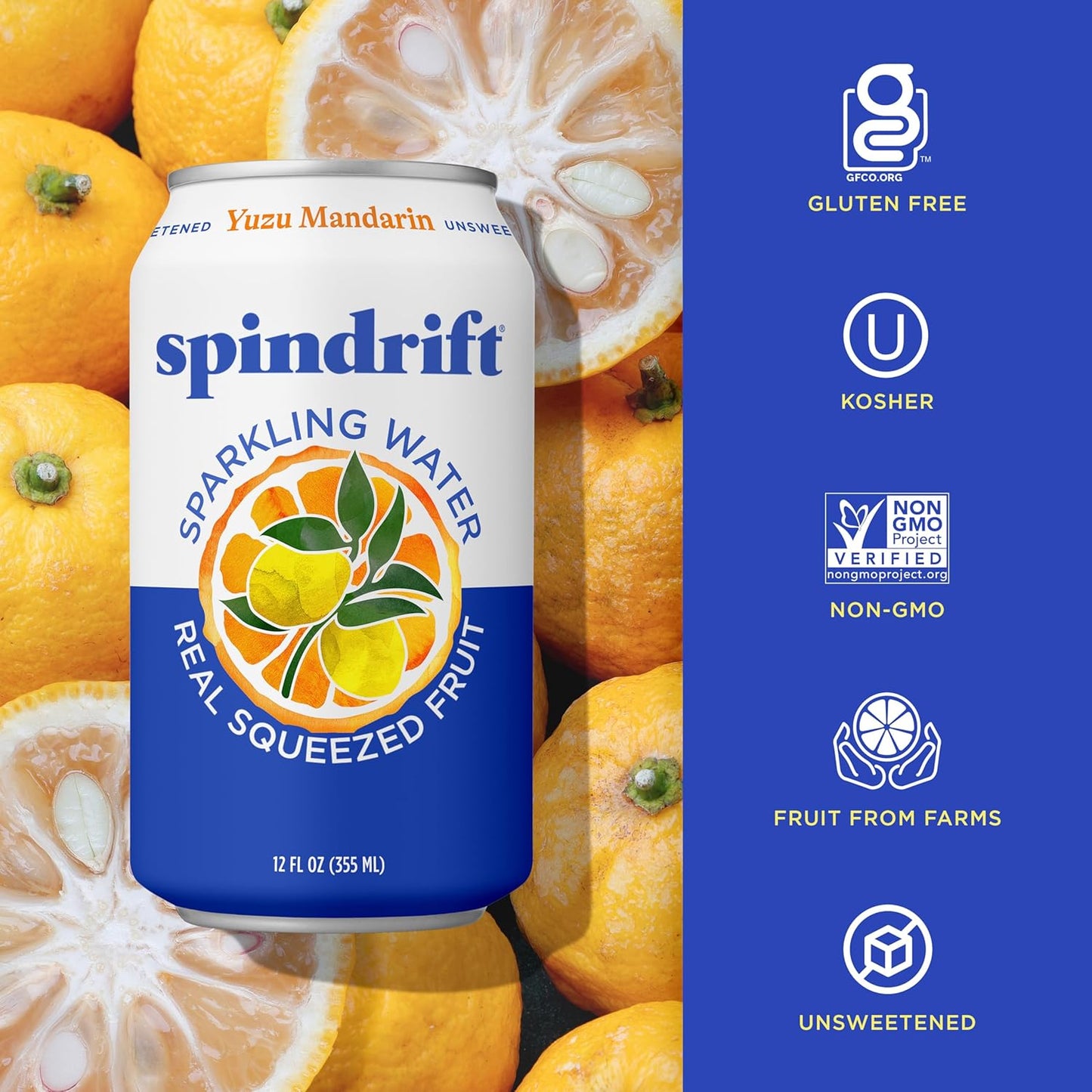 Spindrift Sparkling Water, Yuzu Mandarin Flavored, Made with Real Squeezed Fruit, 12 Fl OZ Cans, Pack of 24 (Only 6 Calories per Can)