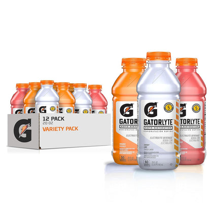 Gatorlyte Rapid Rehydration Electrolyte Drink, 3 Flavor Variety Pack, Specialized Blend of 5 Electrolytes, Lower Sugar, No Artificial Sweeteners, No Artificial Flavors, 20 fl oz Bottles (12 Pack)