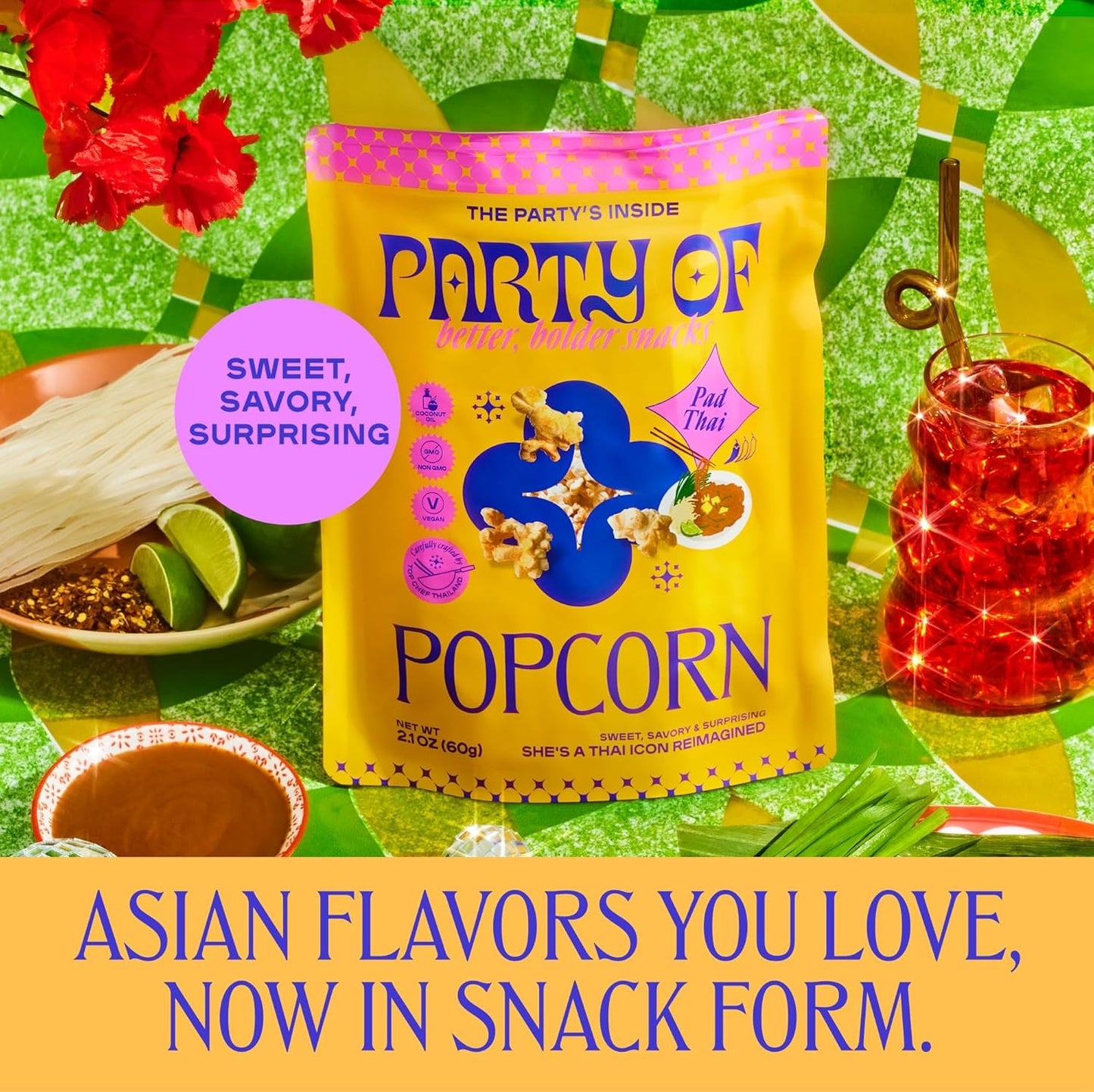 Party of Pad Thai Popcorn – Flavored Gluten-Free Snack Made from Veggie Ingredients, Individually Wrapped, Salted Variety Bags for Sharing, Movie Nights, or On-the-Go – Mini Size - 12 Pack