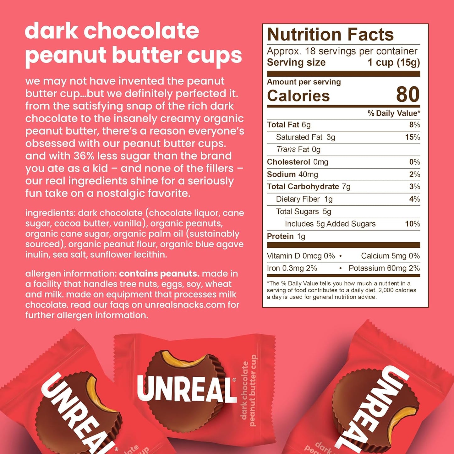 UNREAL Dark Chocolate Peanut Butter Cups (40 Individually Wrapped Cups) | Vegan, 5g Sugar | Gluten Free, Fair Trade, Non-GMO | .53oz each