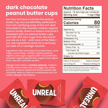 UNREAL Dark Chocolate Peanut Butter Cups (40 Individually Wrapped Cups) | Vegan, 5g Sugar | Gluten Free, Fair Trade, Non-GMO | .53oz each
