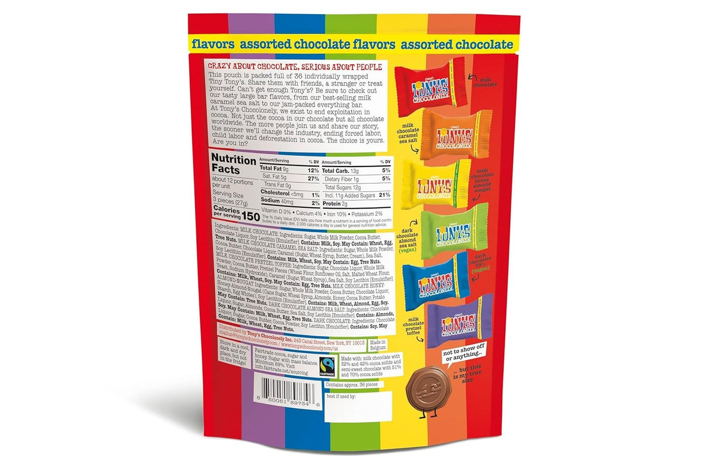 Tony’s Chocolonely Assorted Chocolate Candy Pieces, Belgian Milk & Dark Chocolate, Caramel Sea Salt, Almond Sea Salt, Honey Almond Nougat, Pretzel Toffee, Quality Fairtrade Cocoa, 36 Count, 11.28 Oz