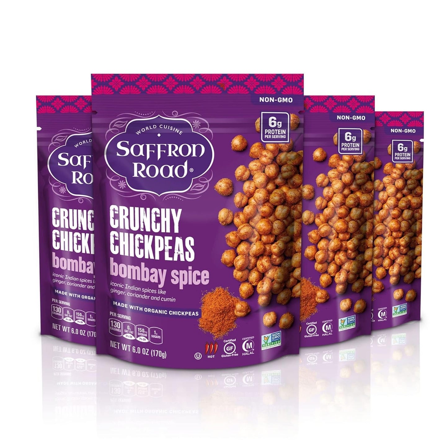 Saffron Road Organic Crunchy Chickpea Snacks-Gluten Free, Non-GMO, Halal, Kosher, Vegan (Bombay Spice, 6 Ounce (Pack of 4)