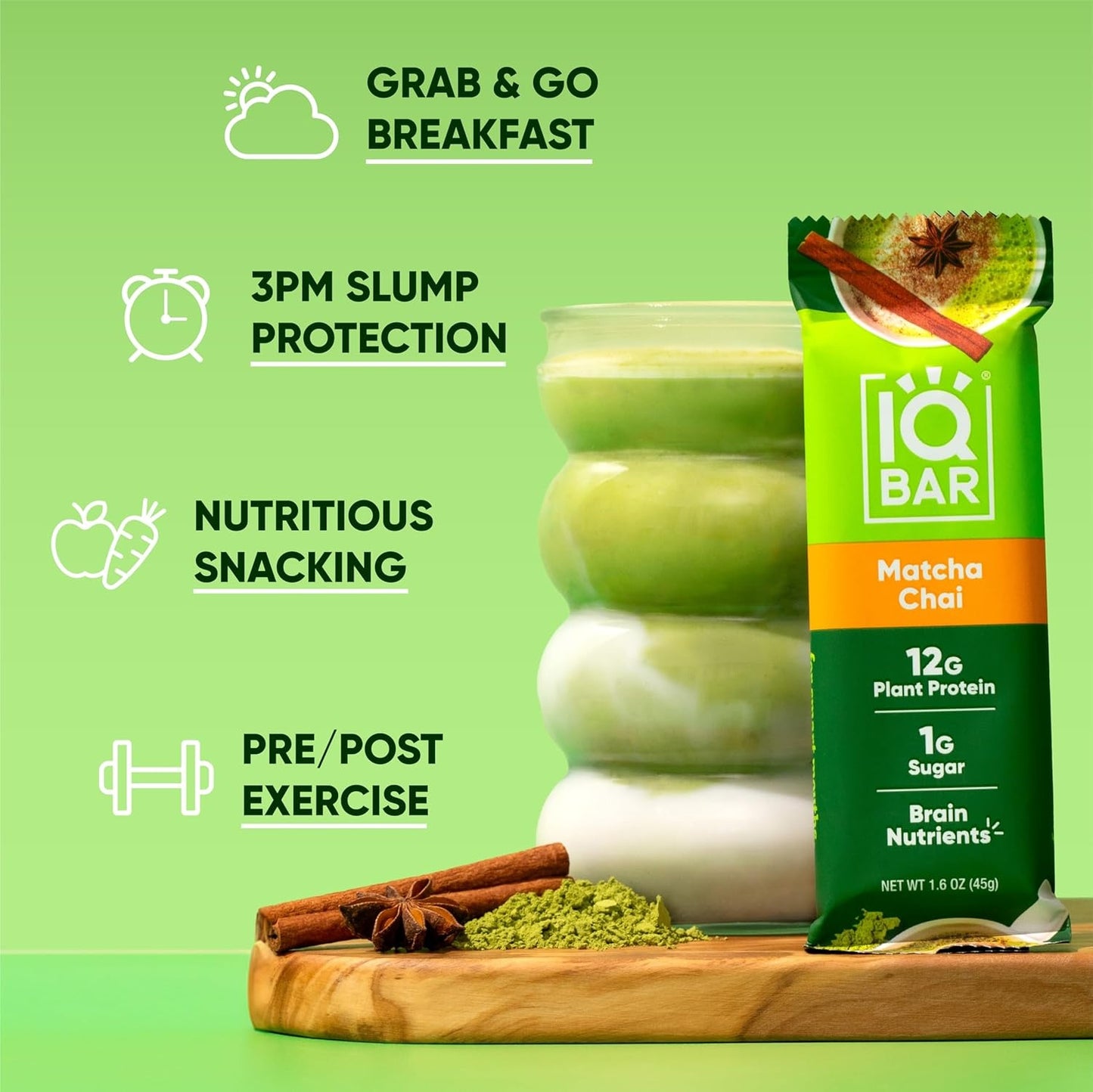 IQBAR Clean Plant Protein Bars - Matcha Chai - 12 Count - Keto, Vegan, High Fiber, Gluten and Dairy Free, Low Sugar Snack - Brain and Body Nutrients for Focus, Energy, Meal Replacement