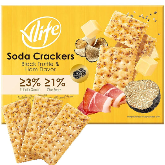 Vloong Black Truffle and Prosciutto Soda Crackers with Chia Seeds and Quinoa, Savory Gourmet Snack for Charcuterie Boards & Wine Pairing,14.1oz (400g) Box, Individually Wrapped Packets Office Snacks