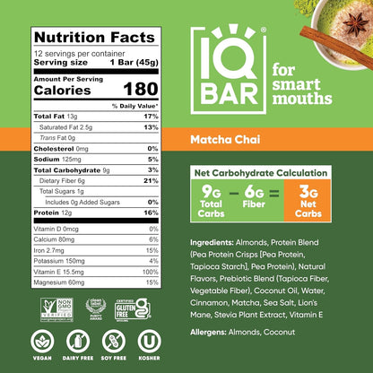 IQBAR Clean Plant Protein Bars - Matcha Chai - 12 Count - Keto, Vegan, High Fiber, Gluten and Dairy Free, Low Sugar Snack - Brain and Body Nutrients for Focus, Energy, Meal Replacement