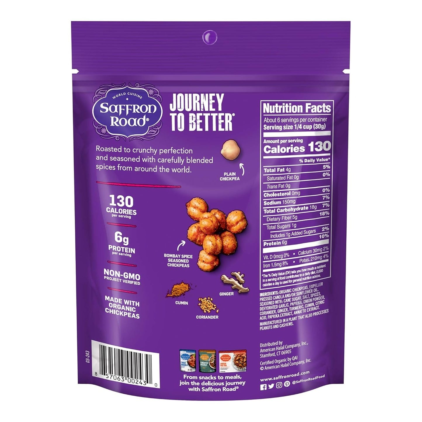 Saffron Road Organic Crunchy Chickpea Snacks-Gluten Free, Non-GMO, Halal, Kosher, Vegan (Bombay Spice, 6 Ounce (Pack of 4)