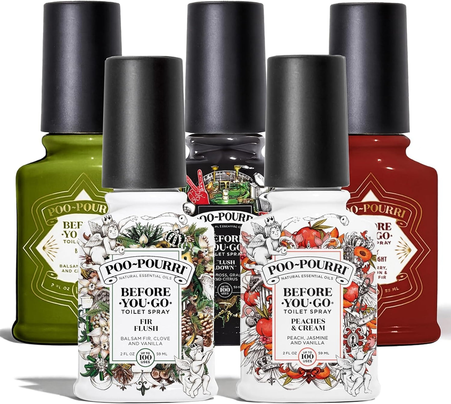 Poo-Pourri Before You Go Toilet Spray 5 Pack Set 2 oz Bottles, Peaches And Cream, Fir Flush, Flush Down, Berry and Bright, Balsam Bum Set