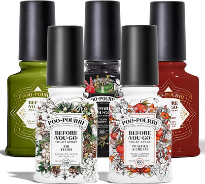 Poo-Pourri Before You Go Toilet Spray 5 Pack Set 2 oz Bottles, Peaches And Cream, Fir Flush, Flush Down, Berry and Bright, Balsam Bum Set