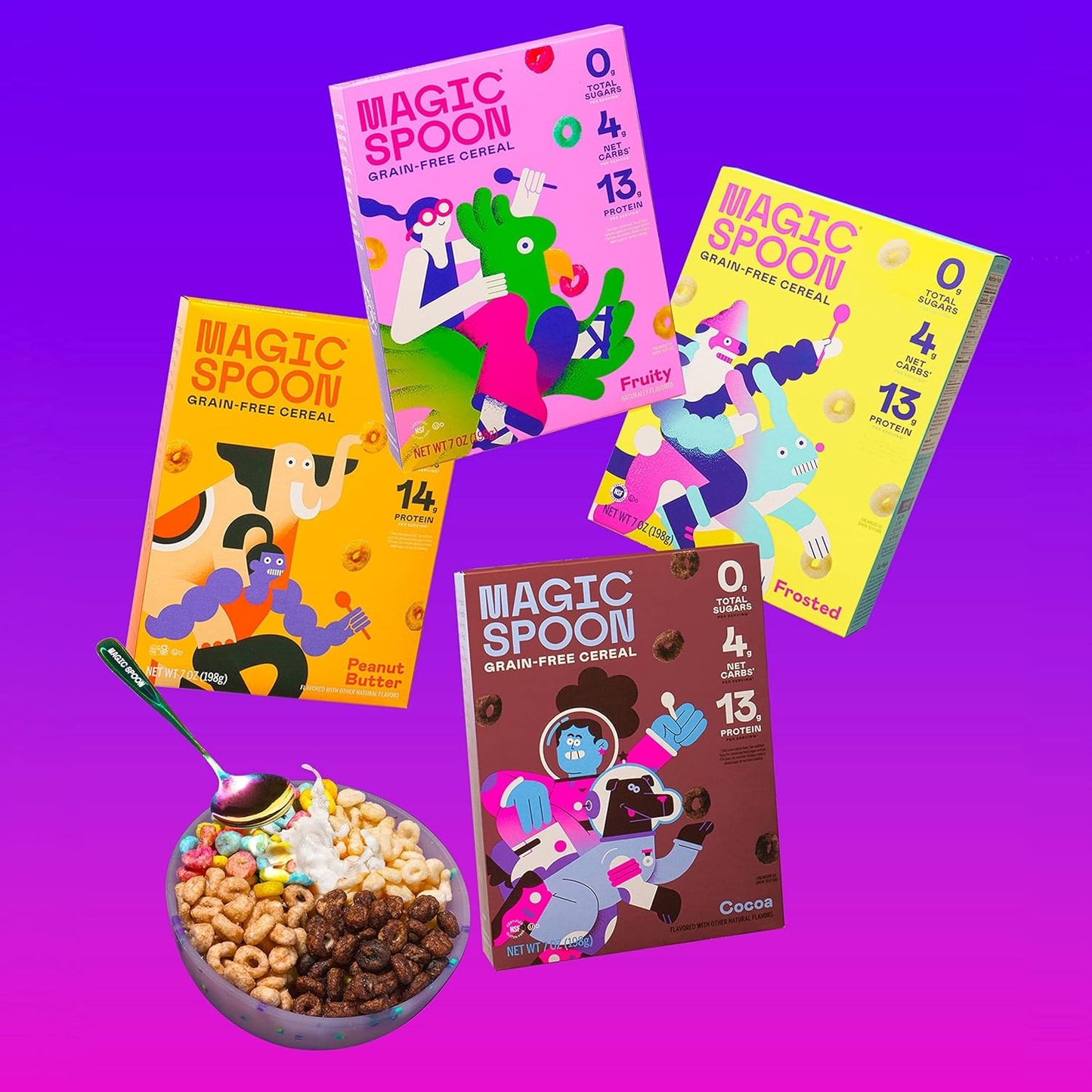 Magic Spoon Cereal - High Protein Cereals - Sugar Free Snacks & Breakfast Food - Grain & Gluten Free Cereal - Low Carb & Keto Friendly - 4 Pack Variety: Fruity, Cocoa, Classic Marshmallow, Peanut Butter
