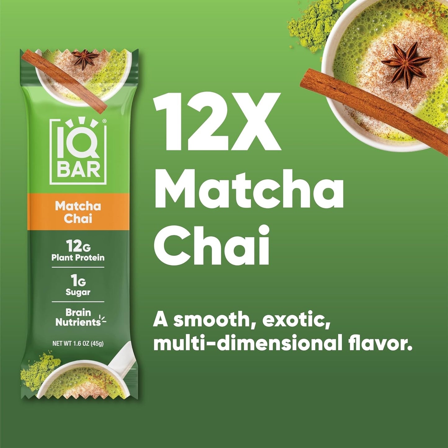 IQBAR Clean Plant Protein Bars - Matcha Chai - 12 Count - Keto, Vegan, High Fiber, Gluten and Dairy Free, Low Sugar Snack - Brain and Body Nutrients for Focus, Energy, Meal Replacement
