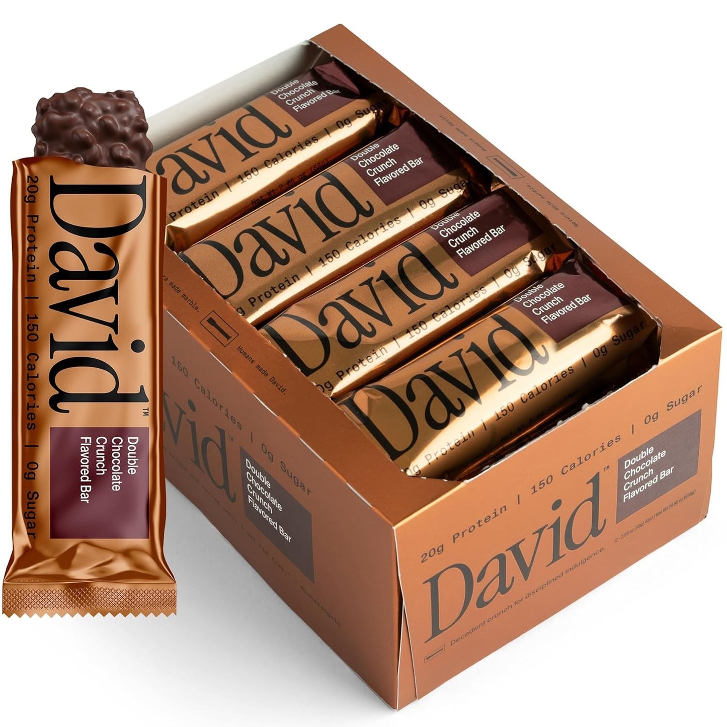 David Bronze High Protein Bars - Double Chocolate Crunch Flavor - 0g of Sugar, Low Carb, Gluten Free - 20g of Protein, 150 Calories - On-The-Go Snack, Pack of 12