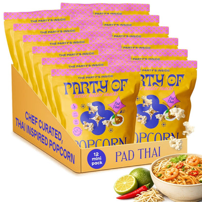 Party of Pad Thai Popcorn – Flavored Gluten-Free Snack Made from Veggie Ingredients, Individually Wrapped, Salted Variety Bags for Sharing, Movie Nights, or On-the-Go – Mini Size - 12 Pack