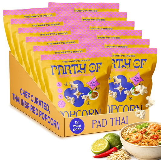 Party of Pad Thai Popcorn – Flavored Gluten-Free Snack Made from Veggie Ingredients, Individually Wrapped, Salted Variety Bags for Sharing, Movie Nights, or On-the-Go – Mini Size - 12 Pack