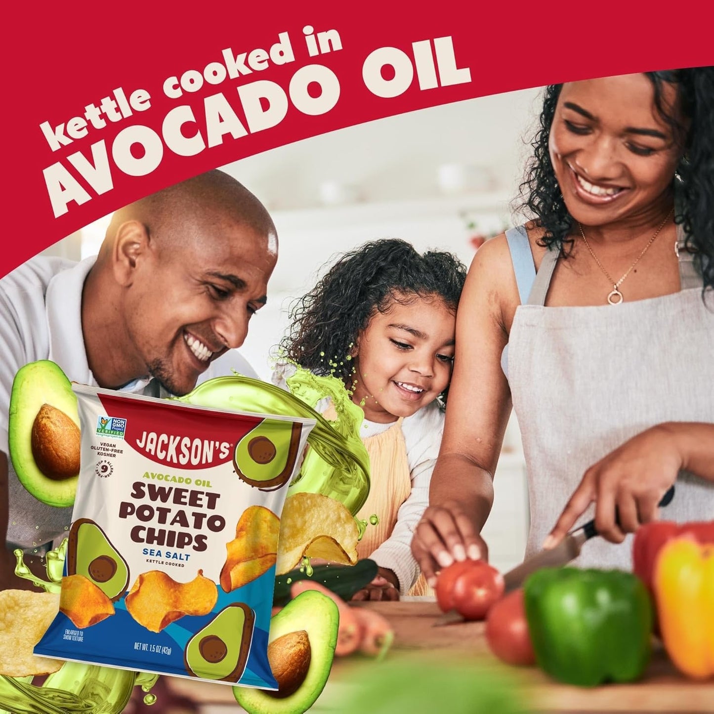Jackson’s Sweet Potato Kettle Chips Avocado Oil Variety Pack made with Premium Oils (1.5 oz, Pack of 18) Sea Salt, Ranch, and BBQ Flavors - Allergen-friendly, Gluten Free, Vegan