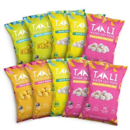 Taali 4-Flavor Variety Water Lily Pops (10-Pack) - Roasted Fox Nuts Makhana Snack | Crunchy Indian Healthy Snacks | Protein-rich, Gluten Free, Non GMO | Individual 0.8 oz Bags