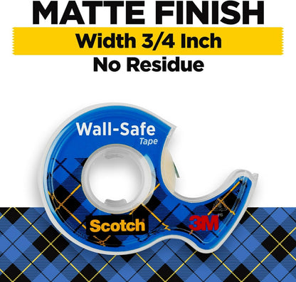 Scotch Wall-Safe Tape, 1 Dispenser Roll, Removable Wall Safe Tape, for Hanging Photos, Art, Décor, 3/4 in x 650 in