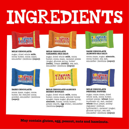 Tony’s Chocolonely Assorted Chocolate Candy Pieces, Belgian Milk & Dark Chocolate, Caramel Sea Salt, Almond Sea Salt, Honey Almond Nougat, Pretzel Toffee, Quality Fairtrade Cocoa, 36 Count, 11.28 Oz