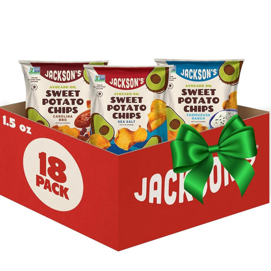 Jackson’s Sweet Potato Kettle Chips Avocado Oil Variety Pack made with Premium Oils (1.5 oz, Pack of 18) Sea Salt, Ranch, and BBQ Flavors - Allergen-friendly, Gluten Free, Vegan