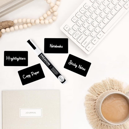 200 Chalkboard Labels for Storage Bins, Removable Black Stickers with Chalk Marker, Pantry Containers and Storage Bin Organization