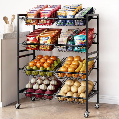 Evermagin 25.2''W Kitchen Storage Cart, Rolling Snack Cart, 4 Tier Fruit Basket Vegetable Stand, Metal Pantry Storage Organizer with 8 Removable Baskets for Onion Potato, Black