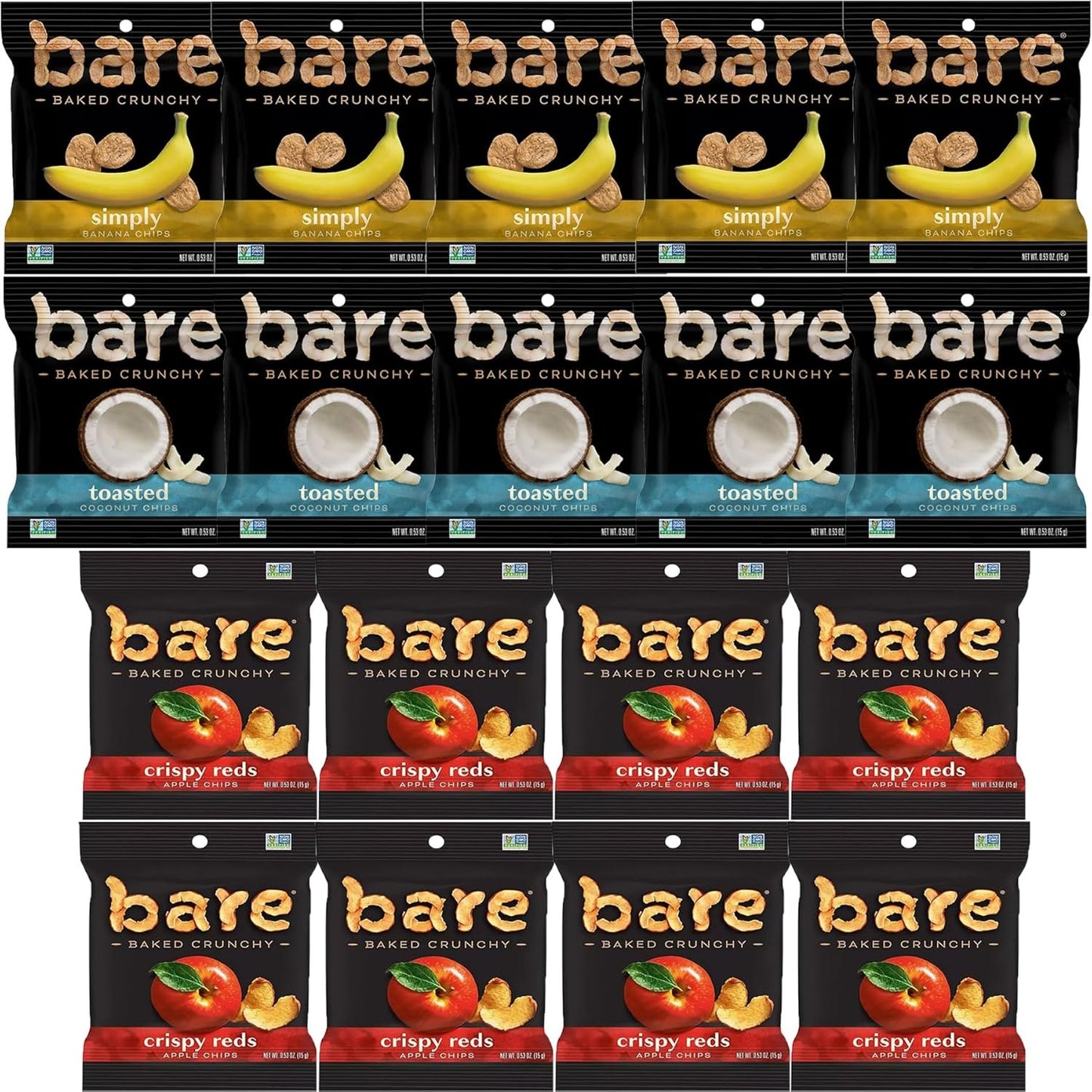 Bare Chips Variety Pack - Assortment of Apple Chips, Banana Chips and Coconut Chips Snack Size - Care Package Gift Box (18 Count)