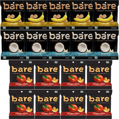 Bare Chips Variety Pack - Assortment of Apple Chips, Banana Chips and Coconut Chips Snack Size - Care Package Gift Box (18 Count)