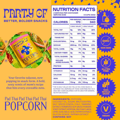 Party of Pad Thai Popcorn – Flavored Gluten-Free Snack Made from Veggie Ingredients, Individually Wrapped, Salted Variety Bags for Sharing, Movie Nights, or On-the-Go – Mini Size - 12 Pack