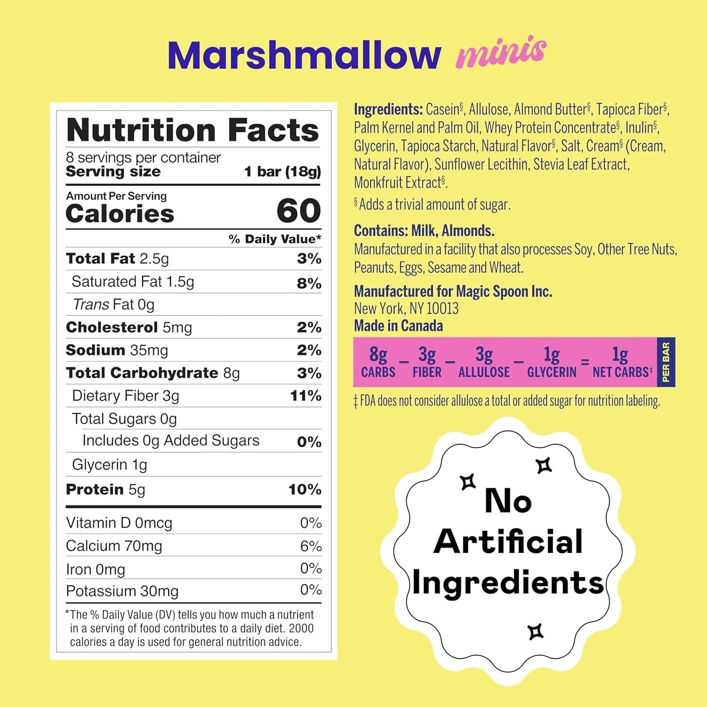MAGIC SPOON Mini Treats - 5g Protein, Low Carb, Keto Friendly, Low Sugar, Gluten Free, Crispy Protein Bar Cereal Bar, On-The-Go Healthy Snack (Marshmallow, 16 Mini Bars)