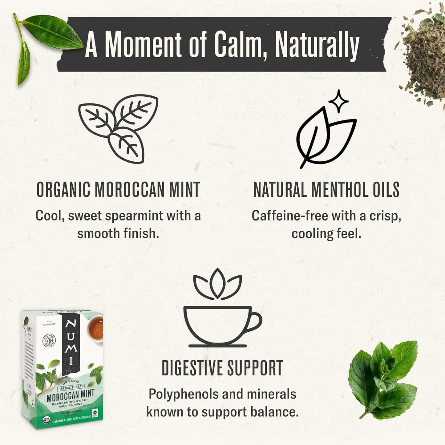 Numi Tea Organic Moroccan Mint Tea, 54 Herbal Tea Bags, Caffeine Free