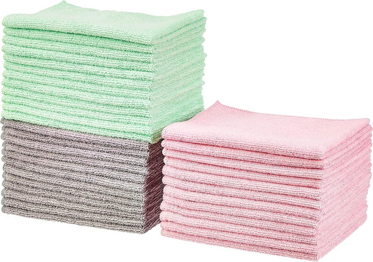 Microfiber Cleaning Cloths, Ultra Absorbent, Scratch Free, Non-Abrasive, Reusable and Washable, All-Purpose, Car Detailing, 16" x 12", Green/Gray/Pink, 36-Pack