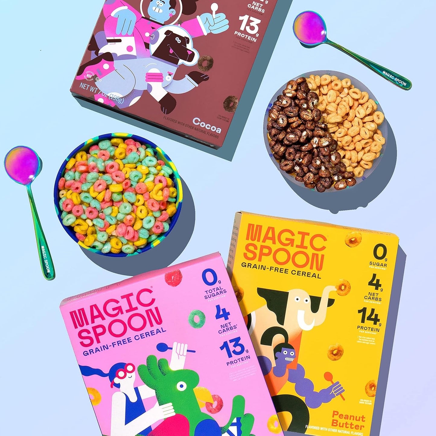 Magic Spoon Cereal - High Protein Cereals - Sugar Free Snacks & Breakfast Food - Grain & Gluten Free Cereal - Low Carb & Keto Friendly - 4 Pack Variety: Fruity, Cocoa, Classic Marshmallow, Peanut Butter