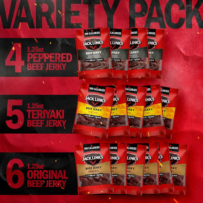 Jack Link's Beef Jerky Variety Pack – Includes Original, Teriyaki and Peppered Jerky, Bulk Protein Snack Pack, Good Source of Protein, Meat Snacks Made with 100% Beef – 1.25 Oz (Pack of 15)