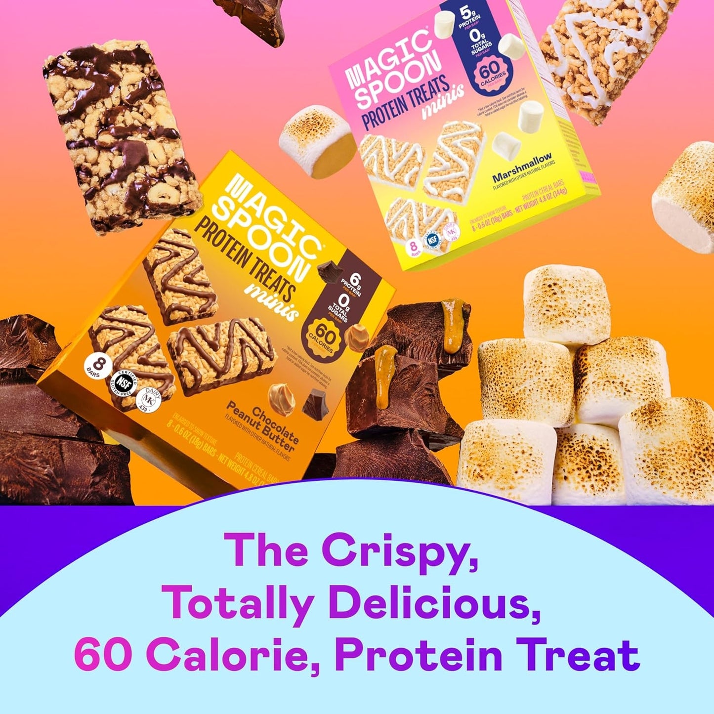 MAGIC SPOON Mini Treats - 5g Protein, Low Carb, Keto Friendly, Low Sugar, Gluten Free, Crispy Protein Bar Cereal Bar, On-The-Go Healthy Snack (Marshmallow, 16 Mini Bars)