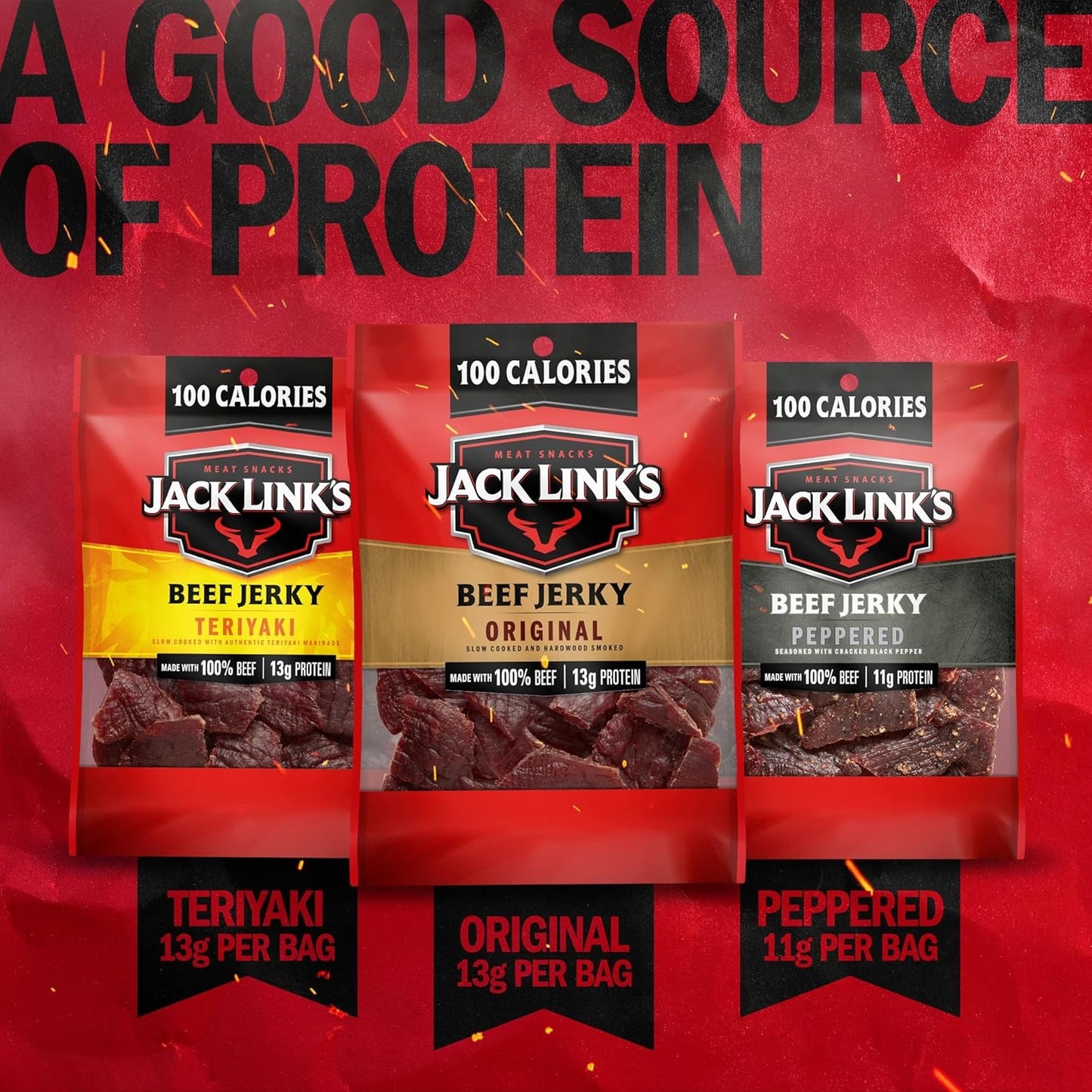 Jack Link's Beef Jerky Variety Pack – Includes Original, Teriyaki and Peppered Jerky, Bulk Protein Snack Pack, Good Source of Protein, Meat Snacks Made with 100% Beef – 1.25 Oz (Pack of 15)