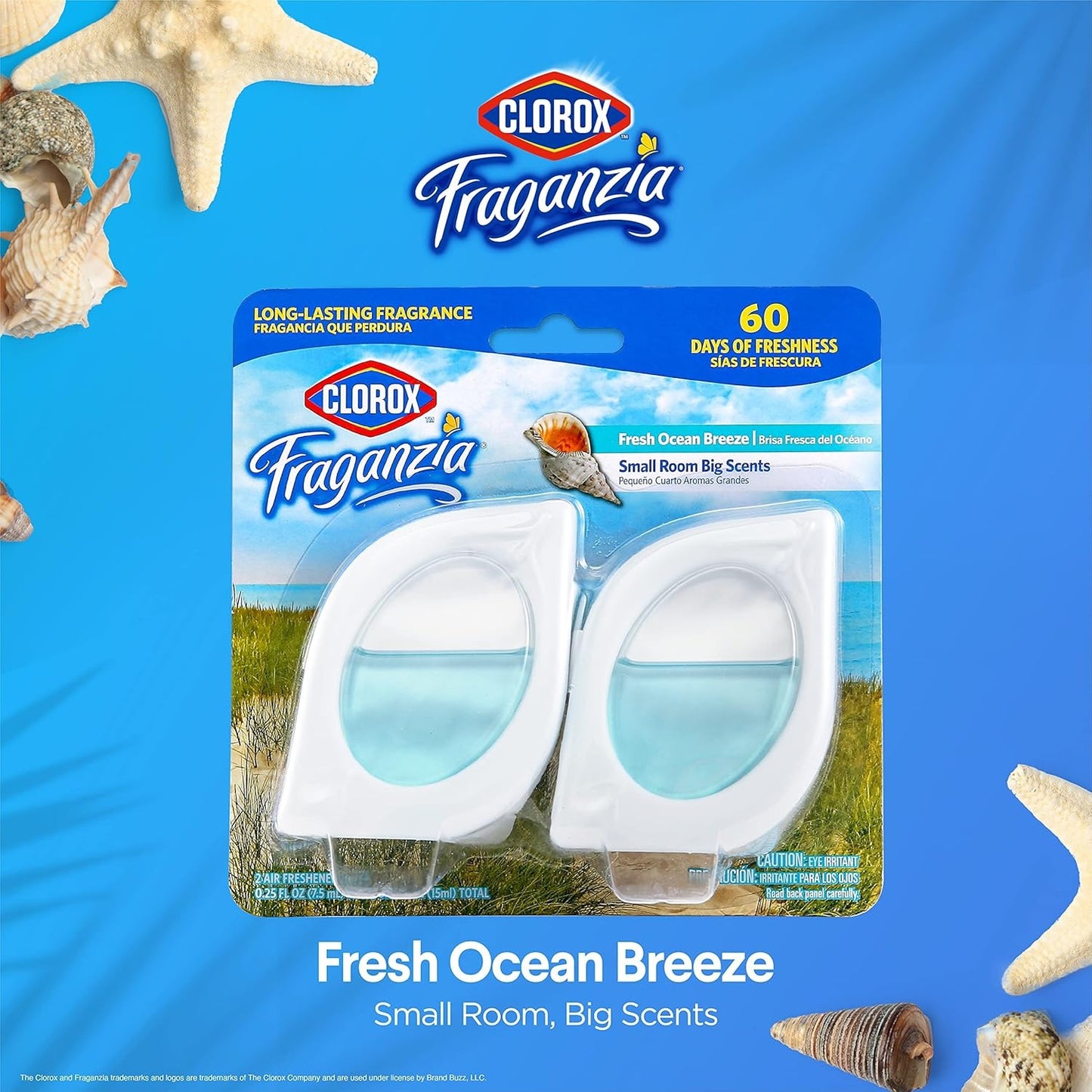 Clorox Fraganzia Small Room Air Freshener in Fresh Ocean Breeze, 2ct | Peel & Place, No-Plug, Battery-Free for Closets, Laundry Room, Entry Way, Bathroom, Locker, 2 Units