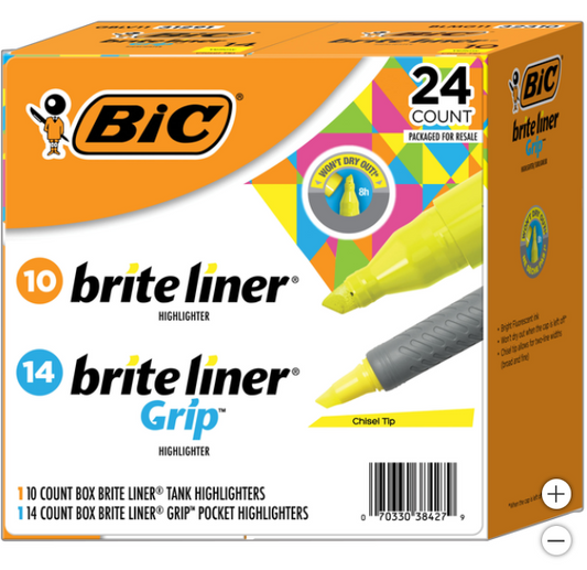 BIC Brite Liner Highlighter Combo Pack, Chisel Tip, Fluorescent Yellow, 24-count