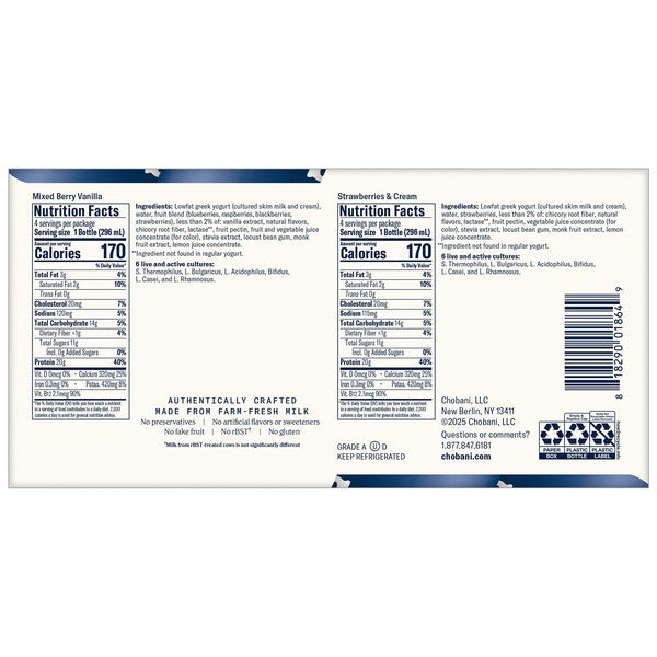Chobani Complete Lowfat Greek Yogurt Drink, Variety Pack, 10 fl oz, 8 ct