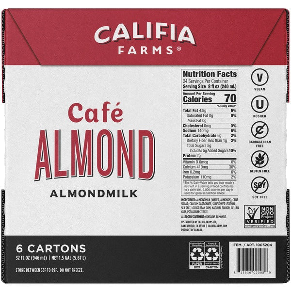 Califia Farms Cafe Almond Milk, Dairy Free, 32 fl oz, 6 ct