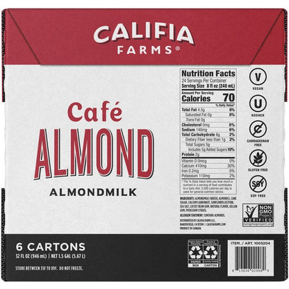 Califia Farms Cafe Almond Milk, Dairy Free, 32 fl oz, 6 ct