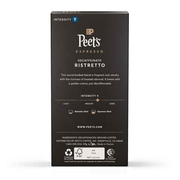 Peet's Coffee Espresso Capsules, Decaf Ristretto Intensity 9