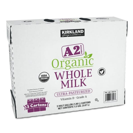 Kirkland Signature Organic Whole Milk, A2 Protein, Half Gallon, 3 ct